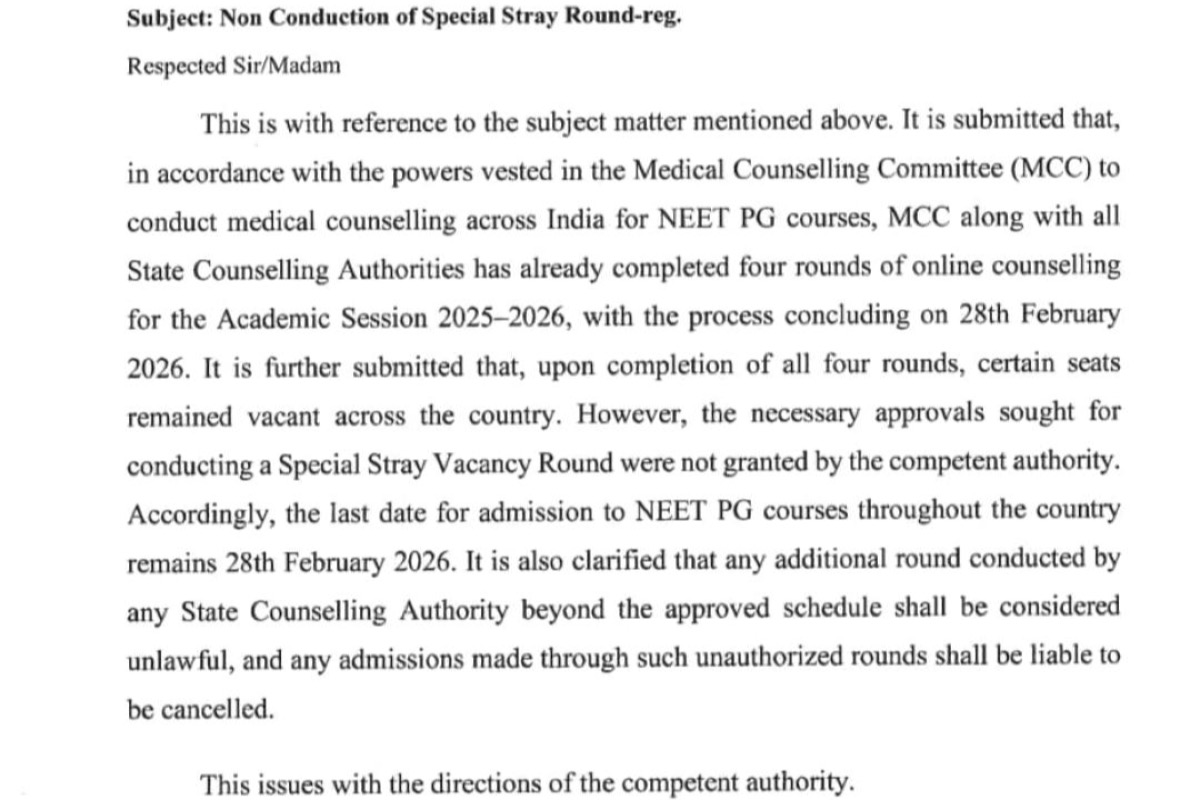 MCC Issues Notice Against  NEET PG 2026  special stray vacancy round